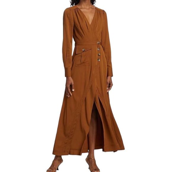 NWT Self-Portrait Women’s Midi Wrap Dress Button Front Cognac‎ Brown sz 0 - Picture 1 of 15